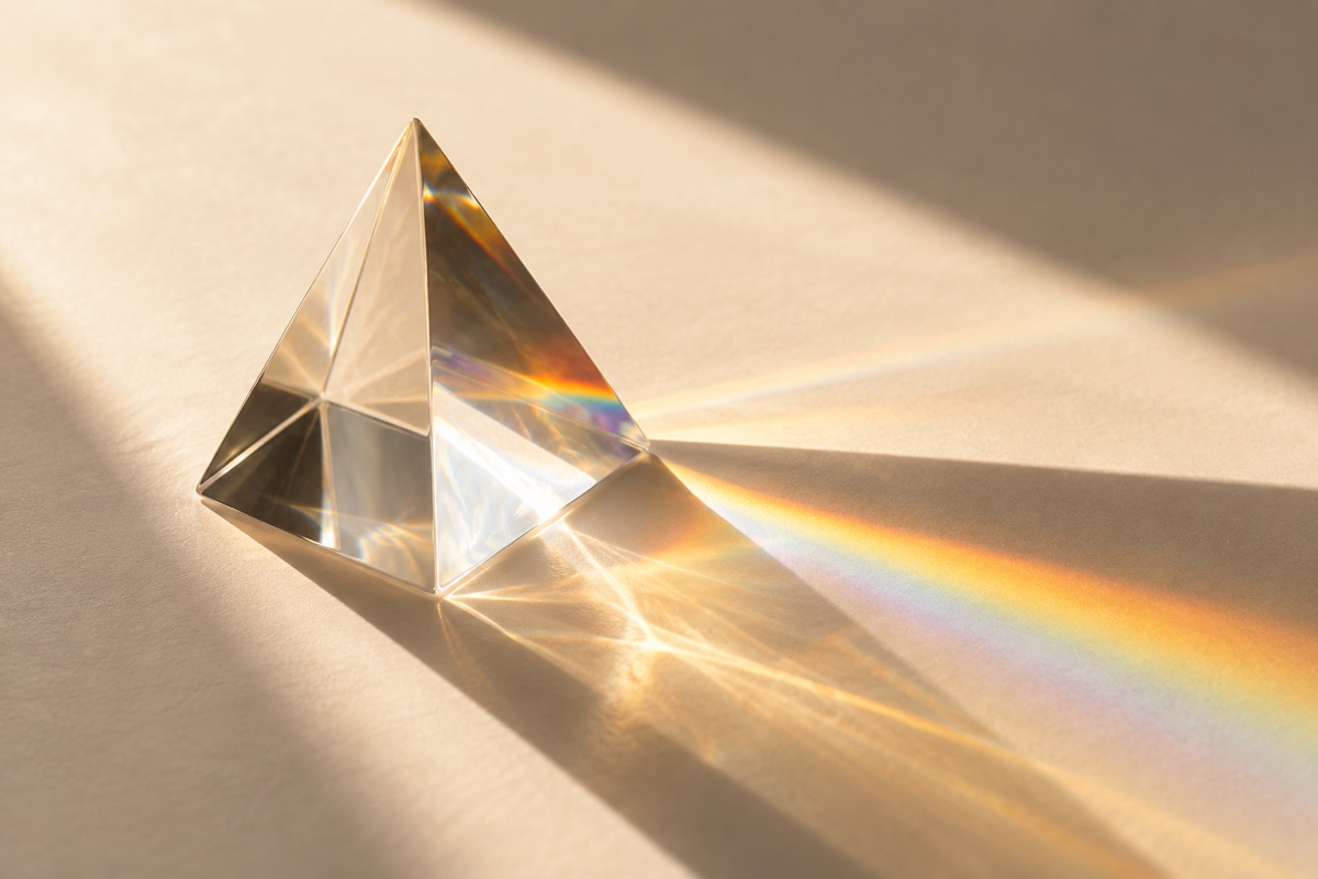 Angular optical glass casting spectral light onto an ivory surface